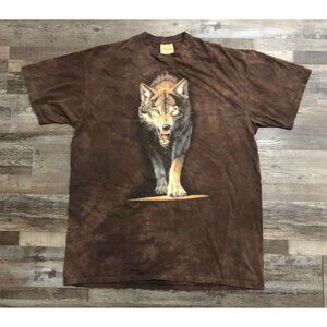 Vtg The Mountain Growling Wolf Graphic Mens 3XL Brown Tee T Shirt